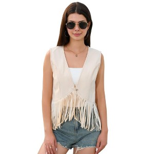 Whizmax Tassel Demin Vest  For Women Sleeveless Cowboy Stitching Color Blocking 70s Hippie Singal Button Crop Outwear Vests - 1 of 4