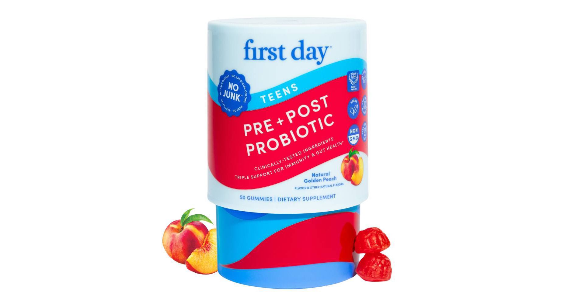 First Day Teens' Pre + Post Probiotic Gummies for Immunity and Gut Health - Natural Golden Peach - 50ct