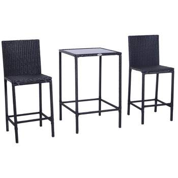 Outsunny 3 PCS Rattan Bar Set with Glass Top Table, 2 Bar Stools for Outdoor, Patio, Garden, Poolside, Backyard