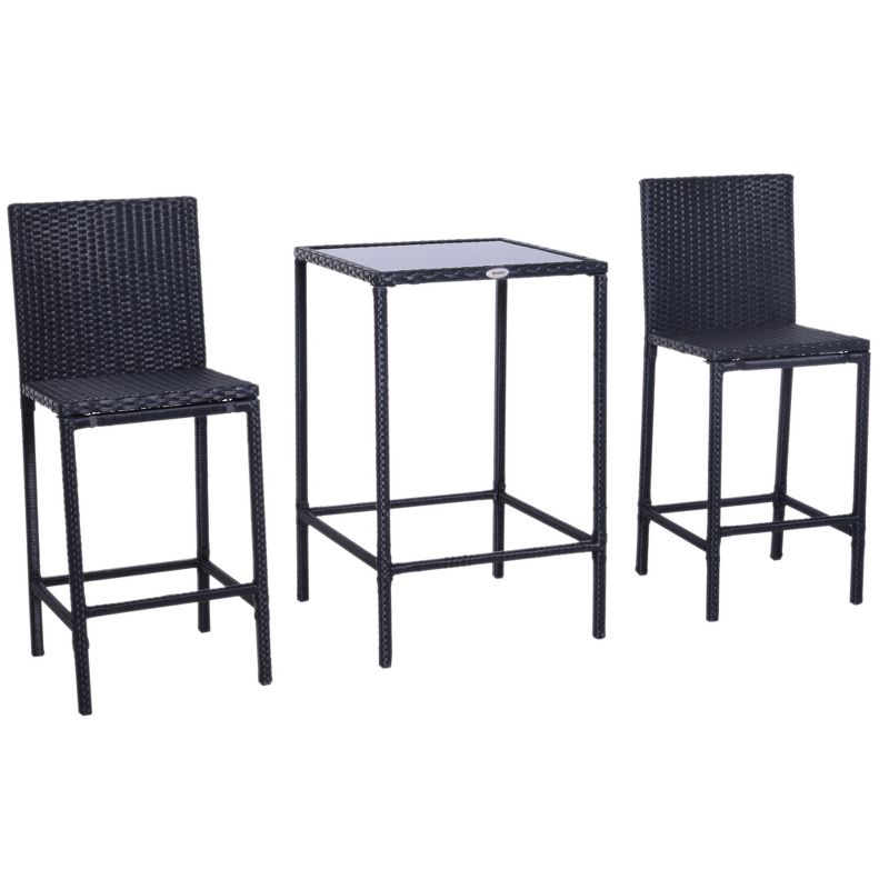 Outsunny 3 PCS Rattan Bar Set with Glass Top Table, 2 Bar Stools for Outdoor, Patio, Garden, Poolside, Backyard, 1 of 9
