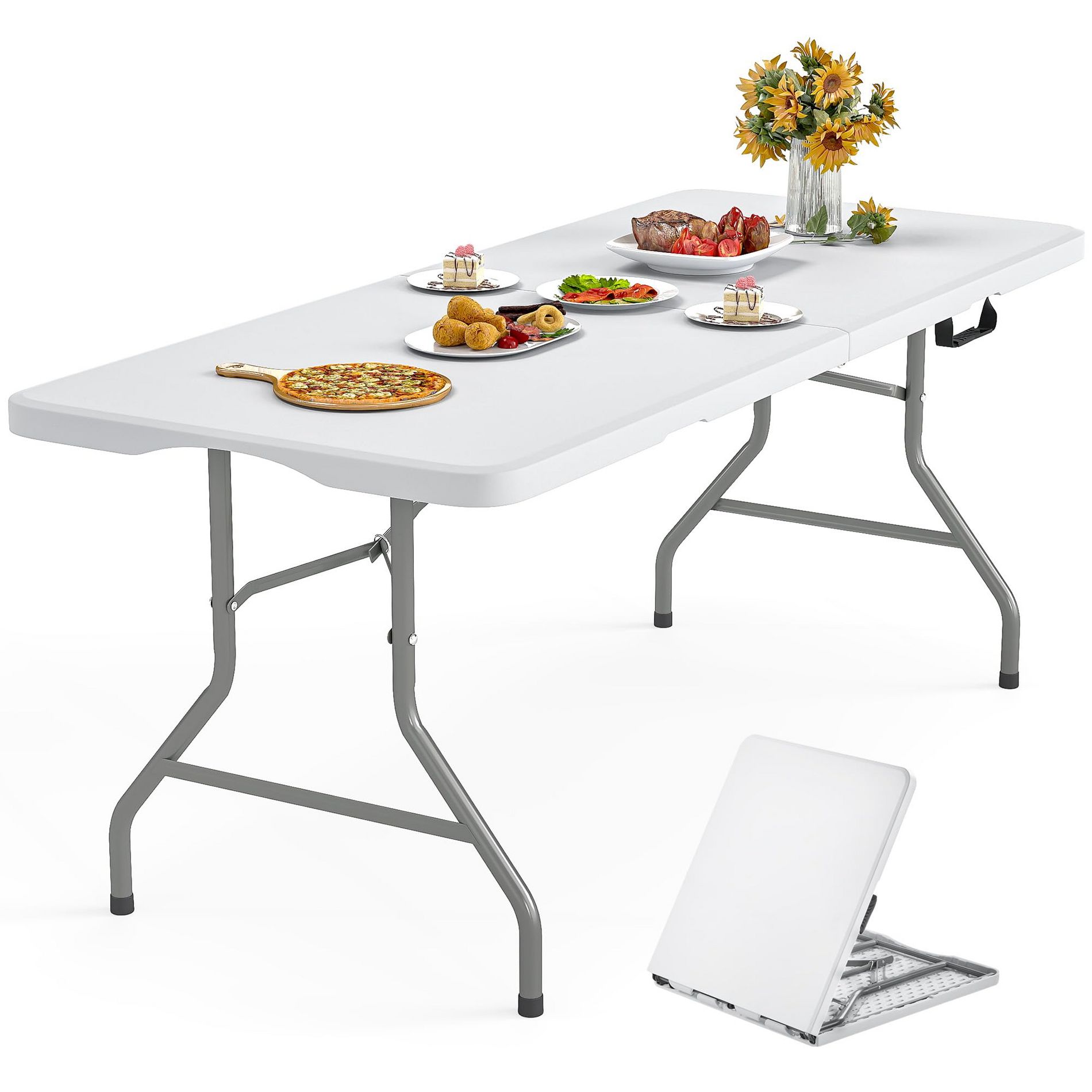 SKONYON 8ft Folding Table Fold-in-Half Long Party Table Collapsible Portable Table with Heavy-Duty Design