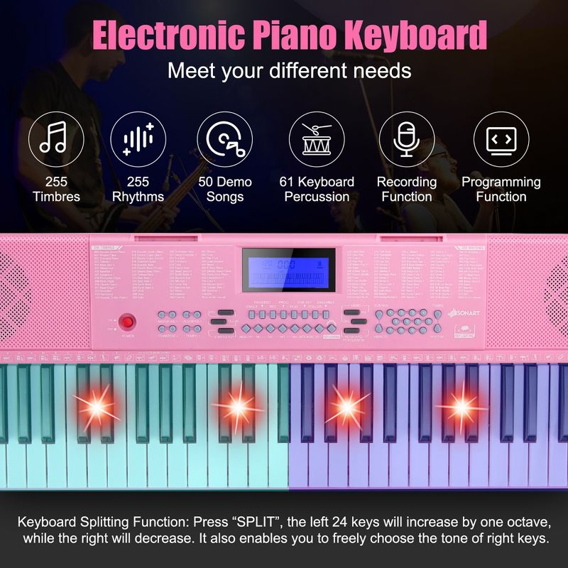 Costway 61-Key Electric Piano Portable Digital Keyboard w/Lighted Key Music Stand, 5 of 11