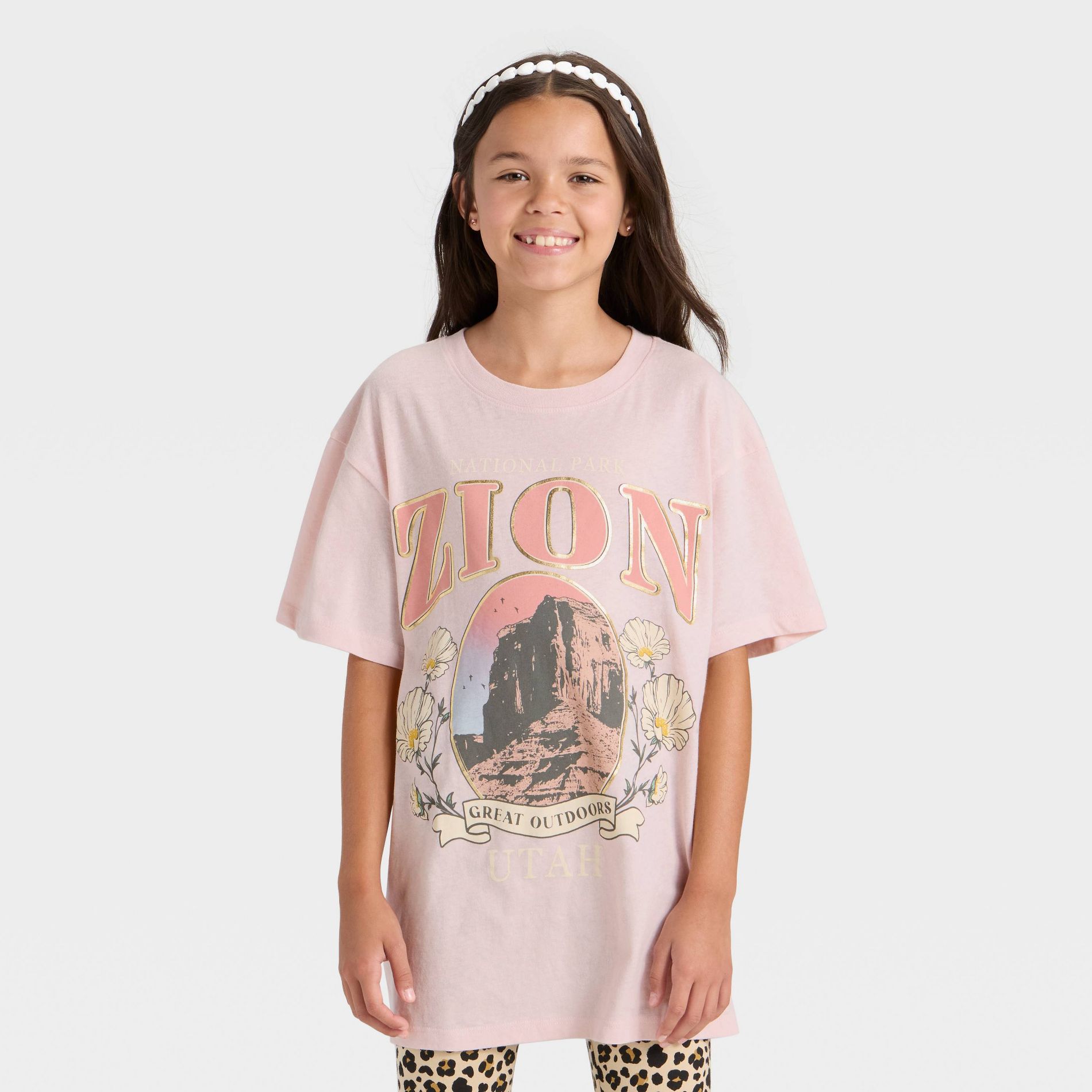 Girls' Zion National Park Oversized Short Sleeve Graphic T-Shirt - Pink