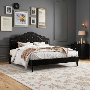 King Size Bed with Velvet Tufted Headboard, Upholstered Platform Bed Frame, Wood Slats Support - 1 of 4