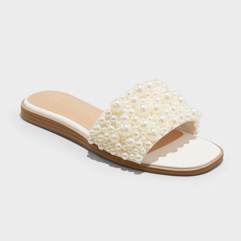  Women's Jasmine Pearl Slide Sandals with Memory Foam Insole - A New Day™ Cream, 1 of 12