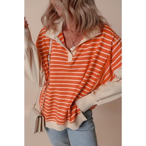 Orange Stripe Color Block Loose Fit Collared Drop Shoulder Sweatshirt - 1 of 4