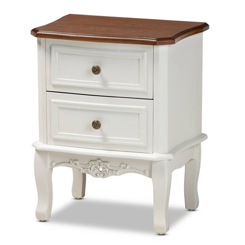 2 Drawer Darlene Wood Nightstand White Cherry Brown Baxton Studio Traditional Style Carved Knobs Storage