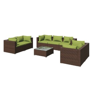 vidaXL 8-Piece Comfy Patio Lounge Set - Durable Poly Rattan with Cushions, Modular Design, Easy to Clean, Brown & Green - 1 of 4