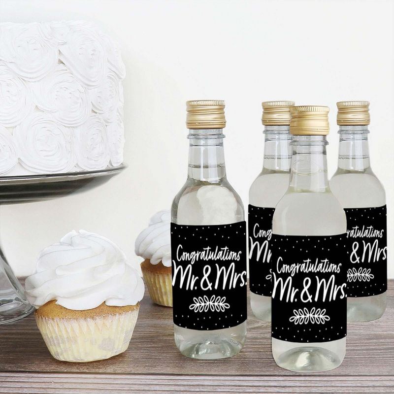 Big Dot of Happiness Mr. and Mrs. - Mini Wine & Champagne Bottle Label Stickers - Black and White Wedding or Bridal Shower Favor Gift - Set of 16, 3 of 8