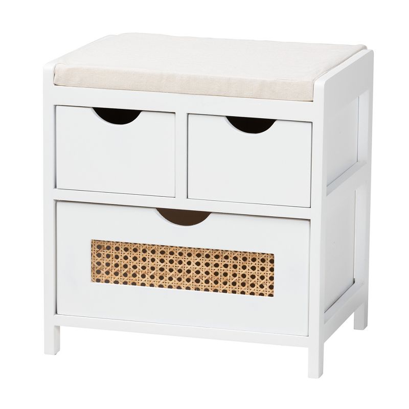 Baxton Studio Bastian Modern and Contemporary Light Beige Fabric and White Finished Wood 3-Drawer Storage Bench with Natural Rattan, 2 of 10