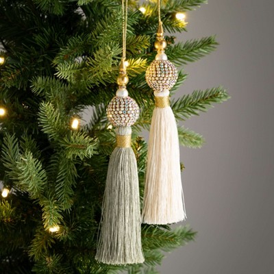 7.5" Multicolor Gem and Pearl Tassel Christmas Ornament Set
