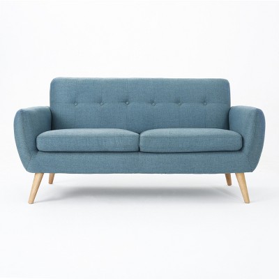 GDFStudio Sheena Mid Century Modern 67.25 " Upholstered Tufted 2 Seater Sofa, Blue/Natural Oak