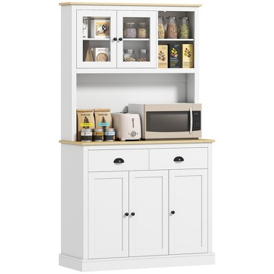 HOMCOM Freestanding Kitchen Cabinet with Wide Countertop, Tall Pantry Cabinet with Adjustable Shelves, Modern Hutch for Dining Room, White
