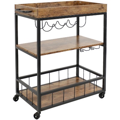 Sunnydaze 3 Tier Rustic Industrial Style Rolling Indoor Bar Cart with Wine Bottle and Stemware Rack