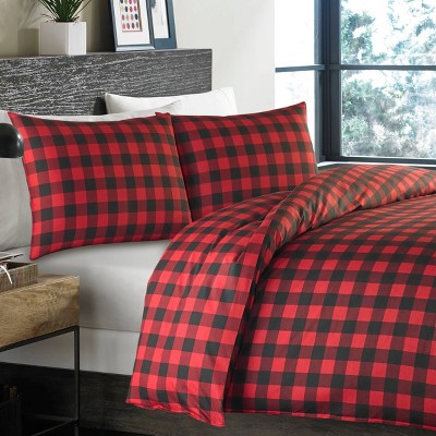 King Red and Black Cotton Plaid Duvet Cover Set