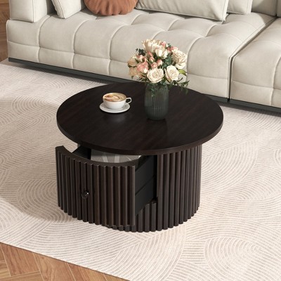 Chic Crate-Solid Oak Farmhouse Coffee Table with Drawer - Vertical Slat Base, 30.5" Living Room Center Table (Dark Brown)