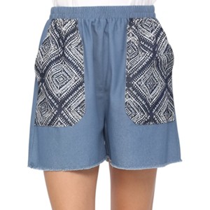 Slickblue Denim Elastic Waist Shorts with Raw Hem - Women's Printed Pocket Style, Blue, Size S-L - 1 of 4
