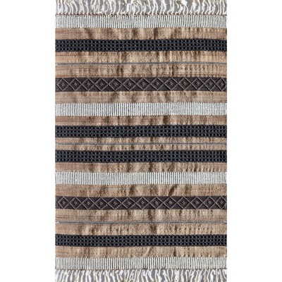 Black and Beige Wool Stripe 5' x 7' Handmade Area Rug