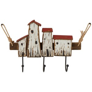 11"x16" Wood Handmade Distressed House 3 Hanger Wall Hook with Red Roof Accents and Hanging Rope Cream - Olivia & May - 1 of 4