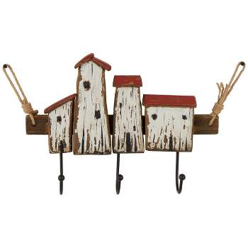 11"x16" Wood Handmade Distressed House 3 Hanger Wall Hook with Red Roof Accents and Hanging Rope Cream - Olivia & May