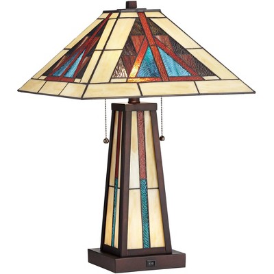 Robert Louis Tiffany Rustic Accent Table Lamp with Nightlight LED Bronze Stained Art Glass Shade for Living Room Bedroom Bedside