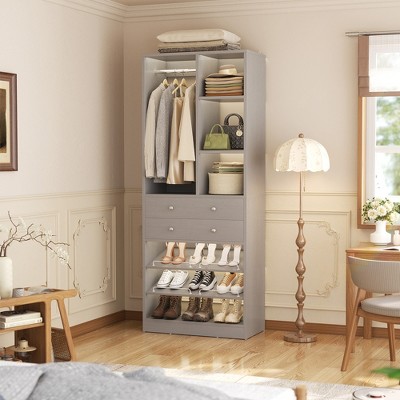 Aheaplus Closet Organizer System with Drawers and Adjustable Shelves, Freestanding Walk-in Wooden Closet
