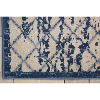 Ivory and Navy Blue Medallion 2'2" x 7'6" Synthetic Area Rug