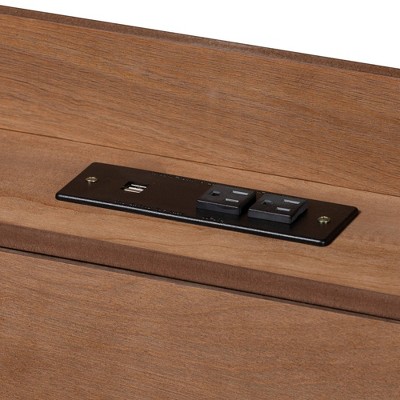 Mid-Century Modern Walnut Brown Full Platform Bed with Charging Station