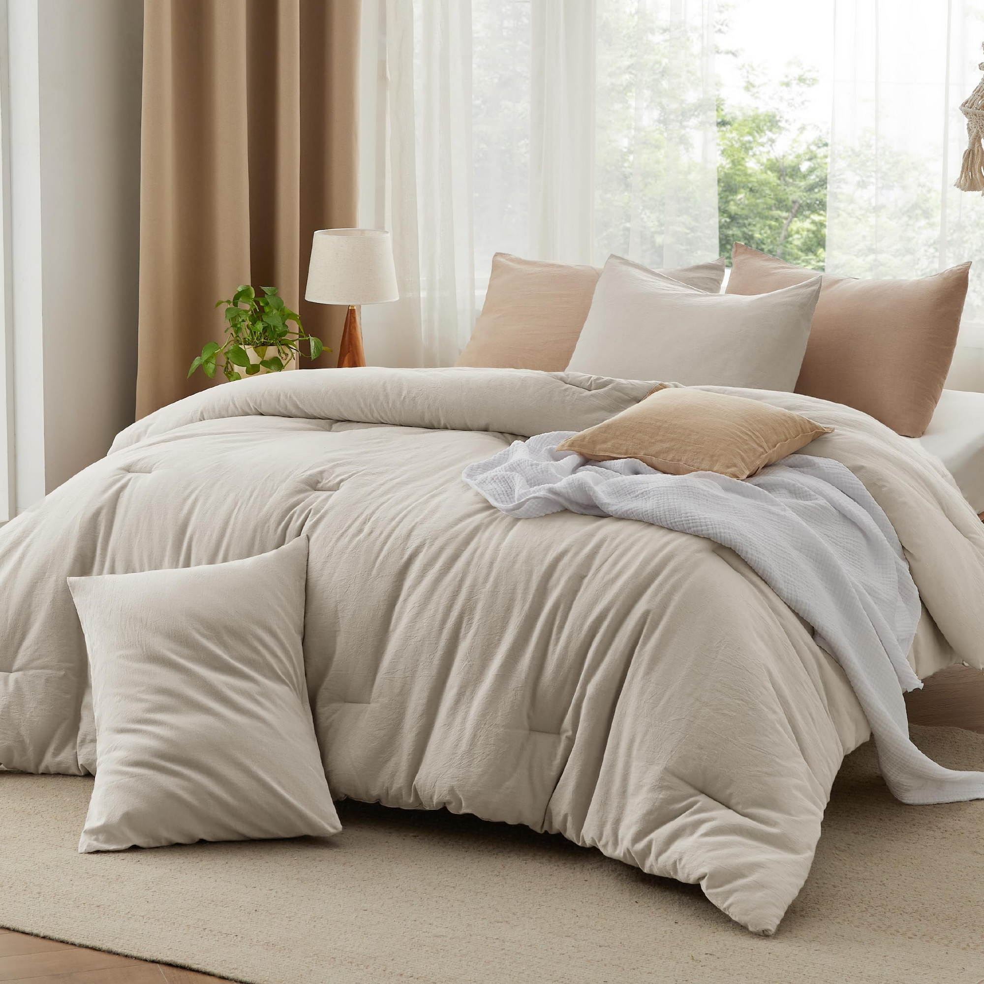 Cotton Fabric with Microfiber Inner Fill 3 Pcs Full Size Comforter Set for All Seasons Linen - Bedsure