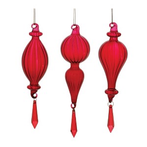 Red Ribbed Glass Drop Ornament with Jewel (Set of 3) - 1 of 2