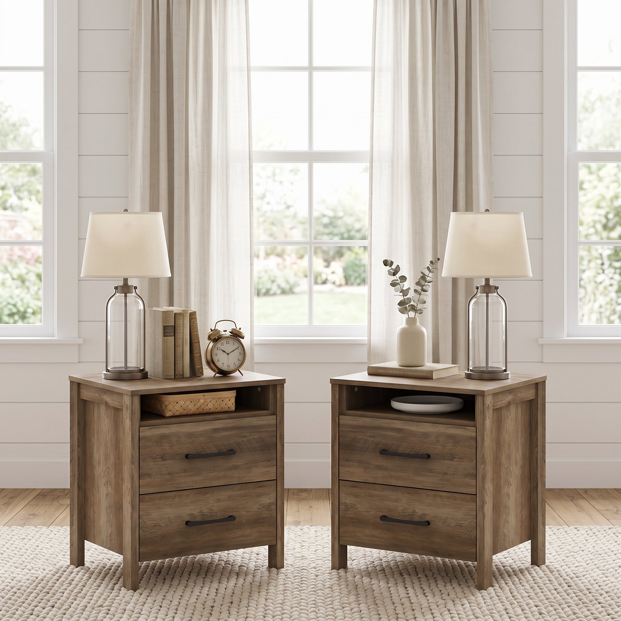 Galano Modern 2-Drawer Nightstand with Open Storage 21" W × 15.7" D × 22.7" H Knotty Oak 2 pcs