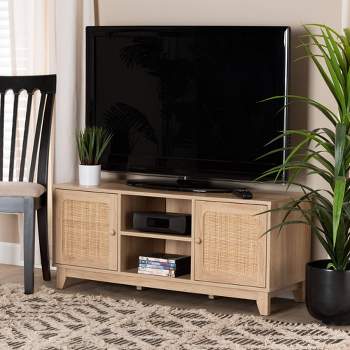 Elsbeth Wood and Natural Rattan 2 Door TV Stand for TVs up to 40" Light Brown/Natural Brown - Baxton Studio