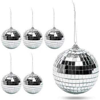 Okuna Outpost 6 Pack Disco Ball Christmas Tree Ornaments, Christmas Decorations Holiday Decor, 4 in, Silver