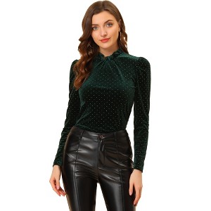 INSPIRE CHIC Women's Metallic Shiny Dots Ruffle Neck Long Sleeve Vintage Velvet Blouse - 1 of 4