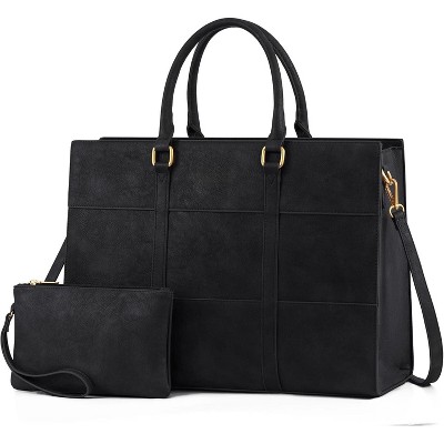 15.6 Inch Work Bags for Women, Vintage Leather Laptop Tote Bag, Waterproof Computer Bags with Clutch Purse