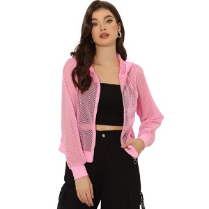 INSPIRE CHIC Women's Zip Up Long Sleeve Mesh Sheer Hoodie Bomber Jackets - 1 of 4