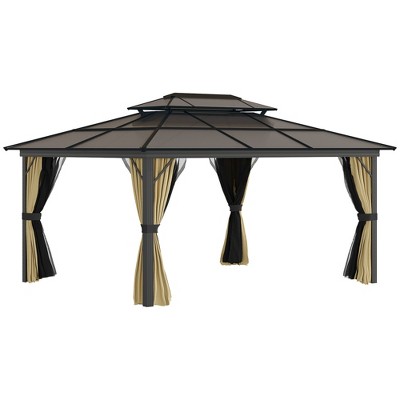 Outsunny 11x15 Hardtop Gazebo with Aluminum Frame, Polycarbonate Gazebo Canopy with Ceiling Hooks, Curtains and Netting, Beige