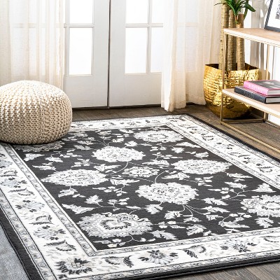 Elegant Persian-Inspired 4' x 6' Black and Cream Synthetic Rug