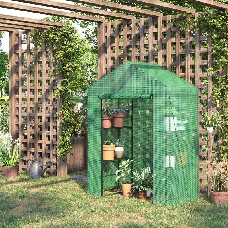 Outsunny 56" x 29" x 77" Mini Walk-in Greenhouse Kit, Portable Green House with 4 Shelves, Roll-Up Door and PE Cover for Backyard Garden, Green, 2 of 7