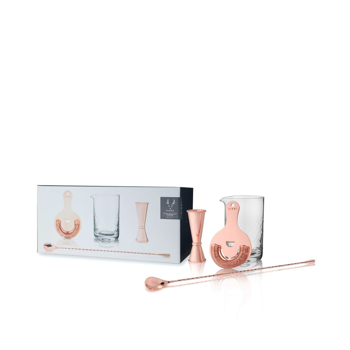 Viski 4-Piece Bartender Kit for Craft Cocktails, Coffee & Dessert Cocktails, Bar Essentials, Mixing Glass, Strainer, Double Jigger & Barspoon, Copper