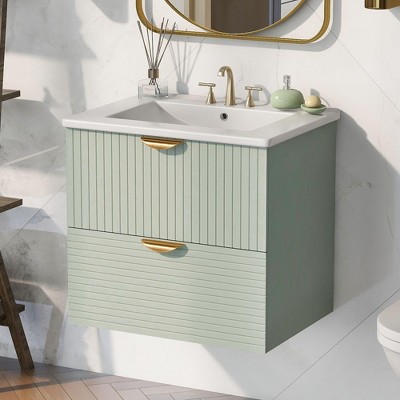 24" Green MDF Wall Mounted Bathroom Vanity with Ceramic Sink