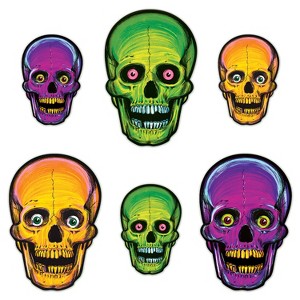 Beistle Vintage Halloween Nite-Glo Skull Cutouts, 8.5" & 12.75", (12/Pkg) Multicolored - 1 of 2