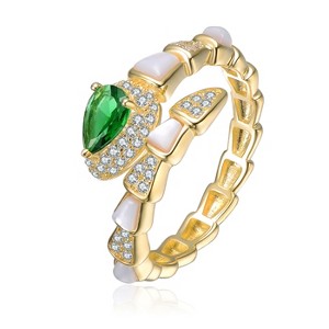 Guili 14K Gold Plated with White Mother Of Pearl, Emerald Green & Clear Cubic Zirconia Bypass Ring - 1 of 2