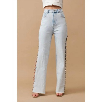 Women's Denim Stretch Jeans Cut Out Sides With Jewels - Blue B