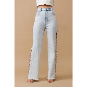 Women's Denim Stretch Jeans Cut Out Sides With Jewels - Blue B - 1 of 4