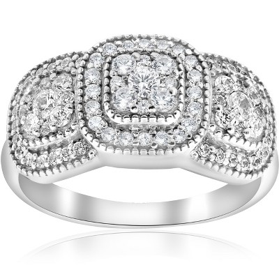 Pompeii3 3/4ct 3-Stone Pave Cushion Halo Diamond Engagement Ring Vintage 10k White Gold