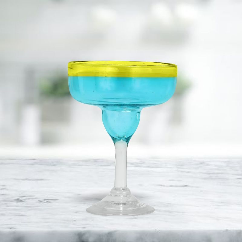 Amici Home Acapulco Authentic Mexican Handmade Margarita Glasses, Barware for Cocktails, Round Blue Glass, Yellow Rimmed, 15-Ounces, Set of 4,, 4 of 8