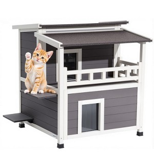 VEVOR Insulated Cat House, 2-Story Wooden Cat Shelter, Foam Insulation, Feral Kitty Shelter with Balcony, Waterproof Cats Condos, White&Grey - 1 of 4