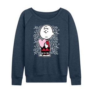 Women's - Peanuts - Charlie Brown Xoxo Lightweight French Terry Wide Neck Long Sleeve Shirt - 1 of 4