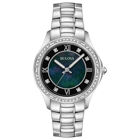 Bulova Ladies' Crystal 3-hand Quartz, Mother-of-pearl Dial, Black ...